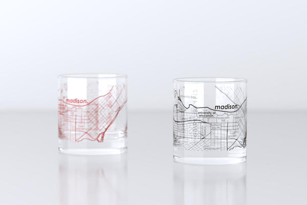 Madison WI Map Rocks Glass Pair - Red & Black