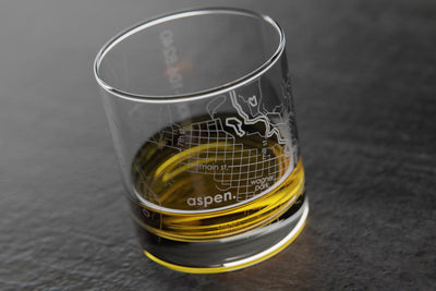 Custom etched rocks glass with hometown map
