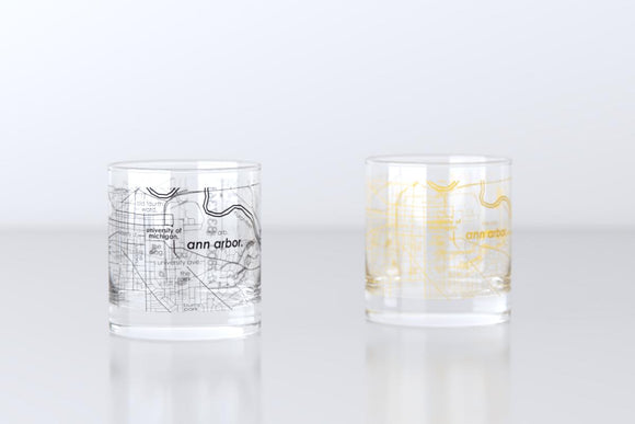 Ann Arbor MI Map Rocks Glass Pair - Gold & Blue