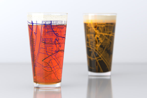 Baton Rouge LA Map Pint Glass Pair - Gold & Purple