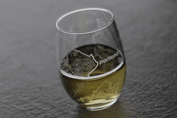 Portland ME Map Stemless Wine Glass
