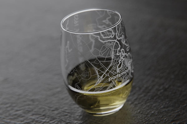 Portsmouth NH Map Stemless Wine Glass