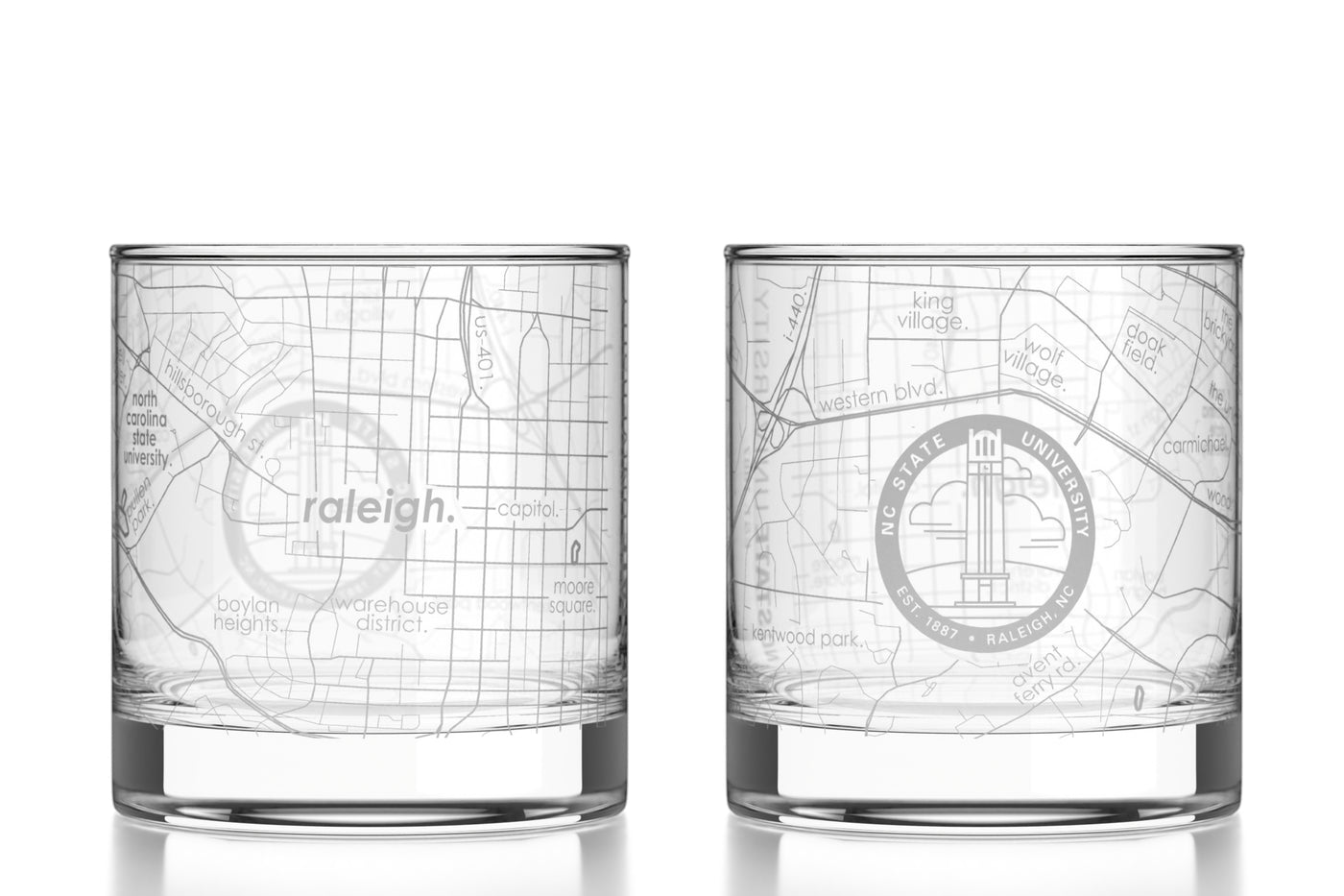North Carolina State University - NC State Etched Map Rocks Glass Pair