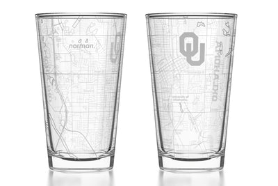 Univ of Oklahoma - Etched Map Pint Glass Pair