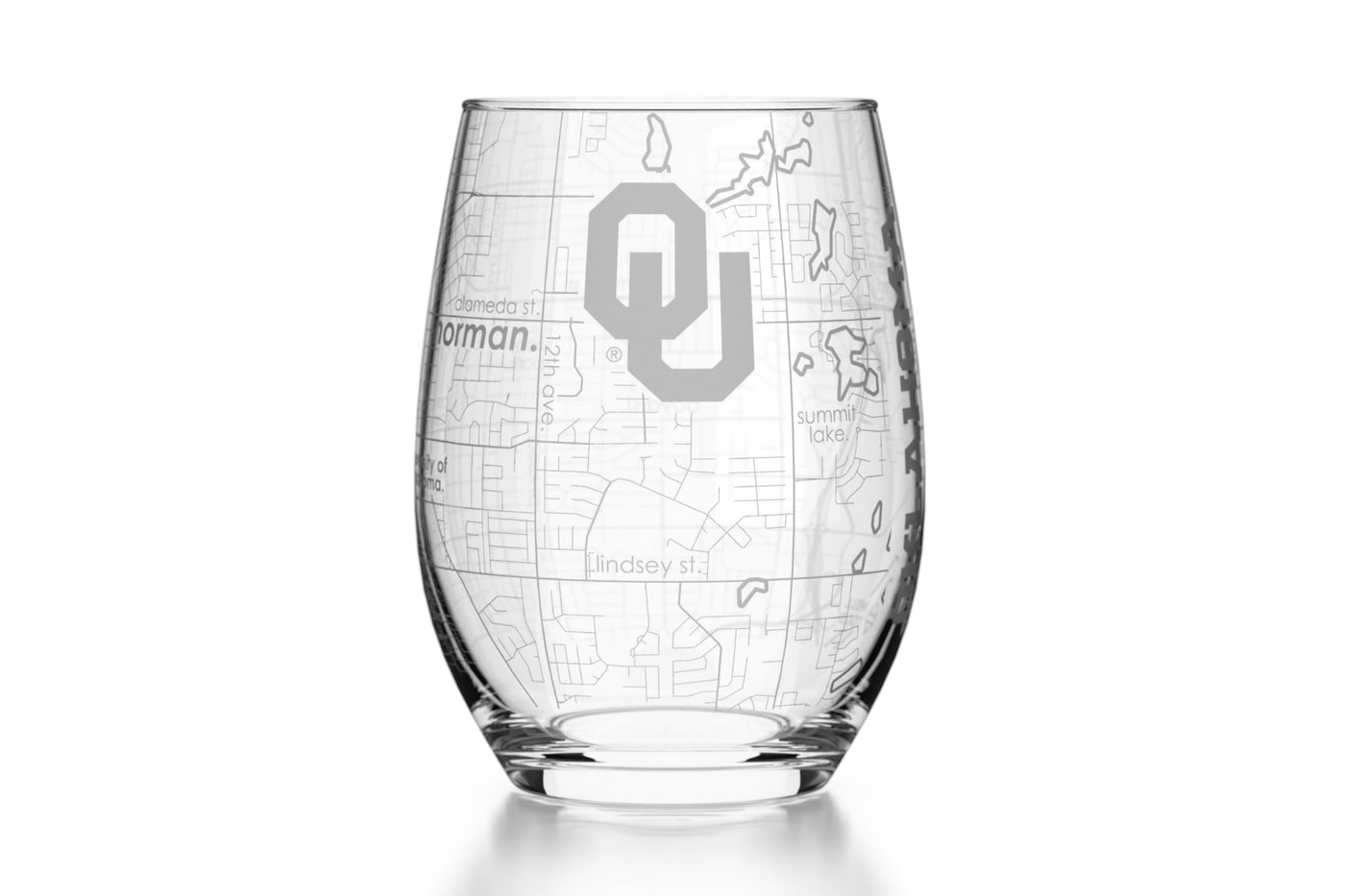 Univ of Oklahoma - Etched Map Stemless Wine Glass