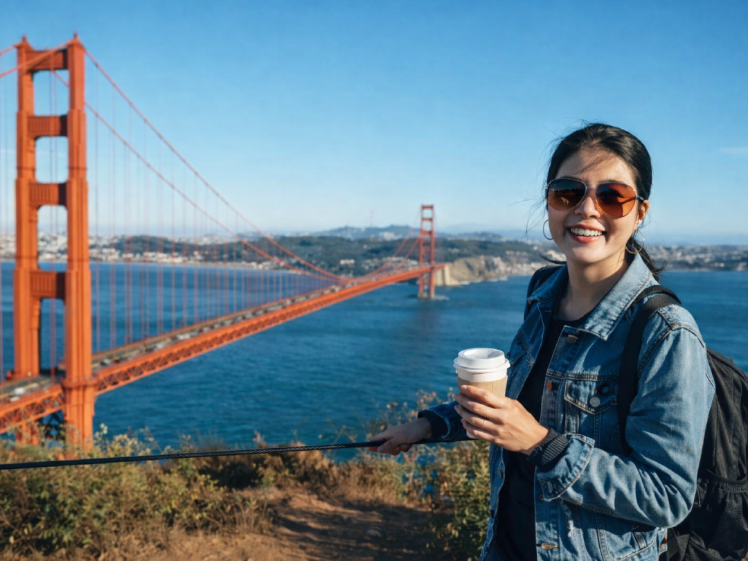 Person holding a coffee cup with the Golden Gate Bridge in the background