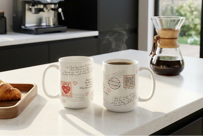 Two Love Letter Scanware mugs on a kitchen counter with a coffee maker and coffee beans in the background.