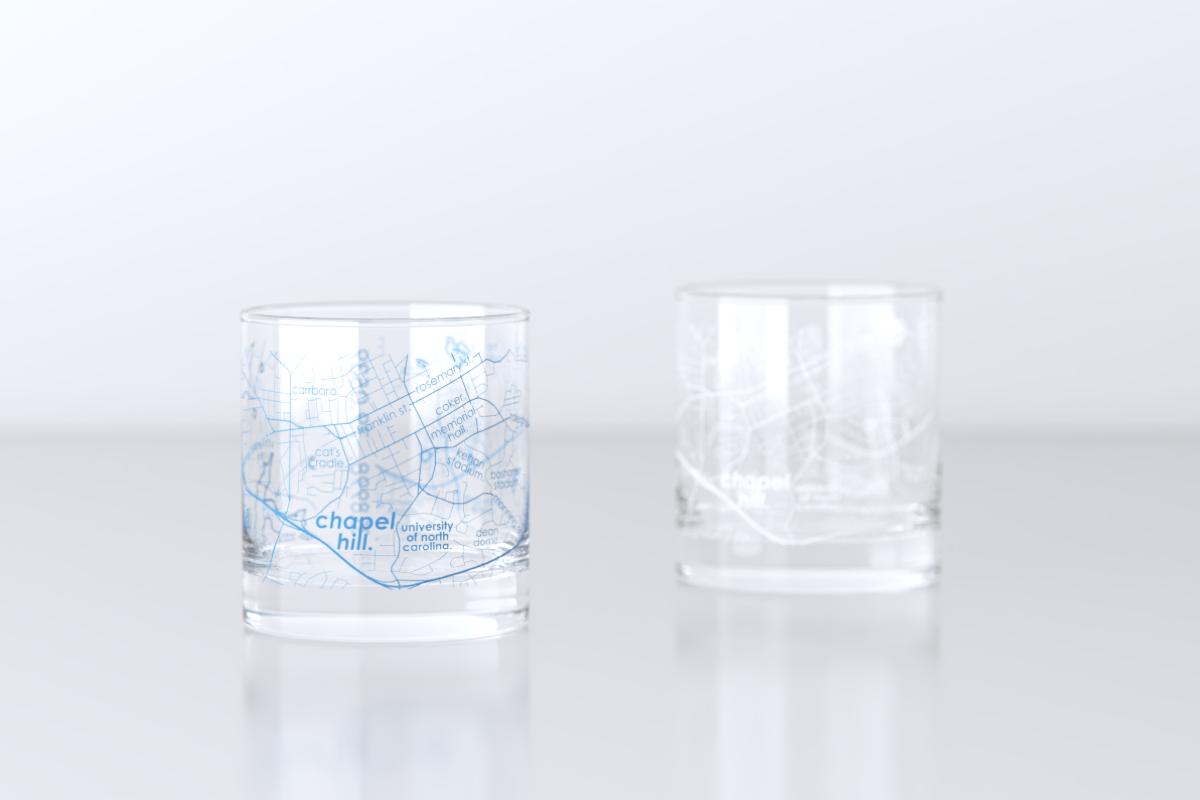 Chapel Hill NC Map Rocks Glass Pair - Blue & White