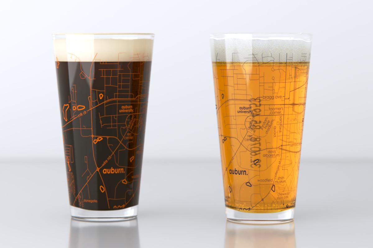 Auburn AL Map Pint Glass Pair - Orange & Blue