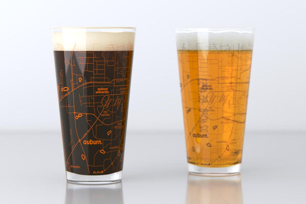 Auburn AL Map Pint Glass Pair - Orange & Blue