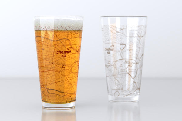 Chestnut Hill MA Map Pint Glass Pair - Maroon & Gold