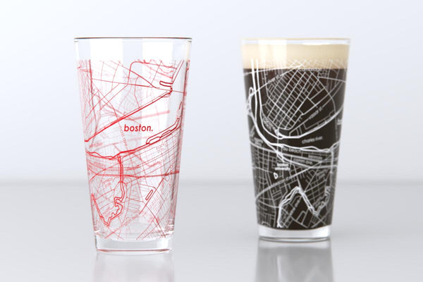 Boston MA Map Pint Glass Pair - Red & White