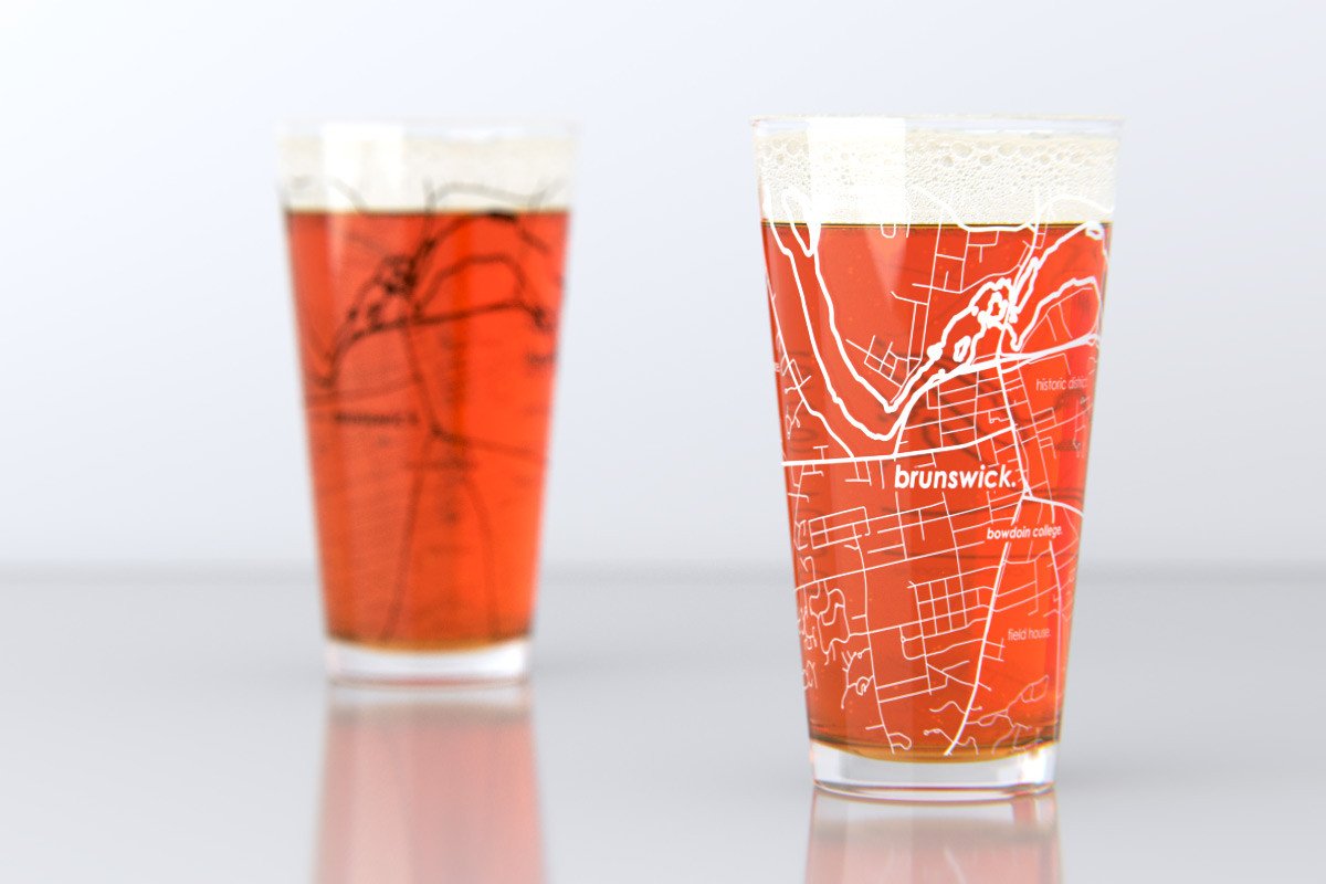 Brunswick ME Map Pint Glass Pair - Black & White