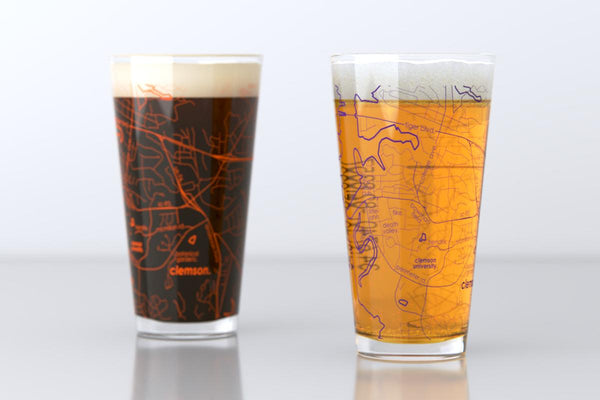Clemson SC Map Pint Glass Pair - Orange & Purple