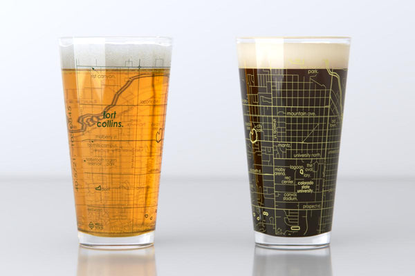 Fort Collins CO Map Pint Glass Pair - Green & Gold
