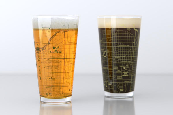 Fort Collins CO Map Pint Glass Pair - Green & Gold