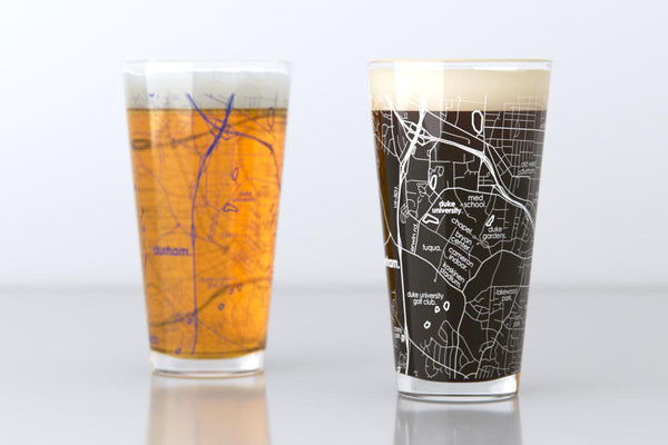 Durham NC Map Pint Glass Pair - Blue & White