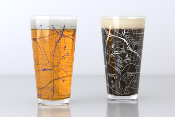 Durham NC Map Pint Glass Pair - Blue & White