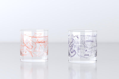 Clemson SC Map Rocks Glass Pair - Orange & Purple