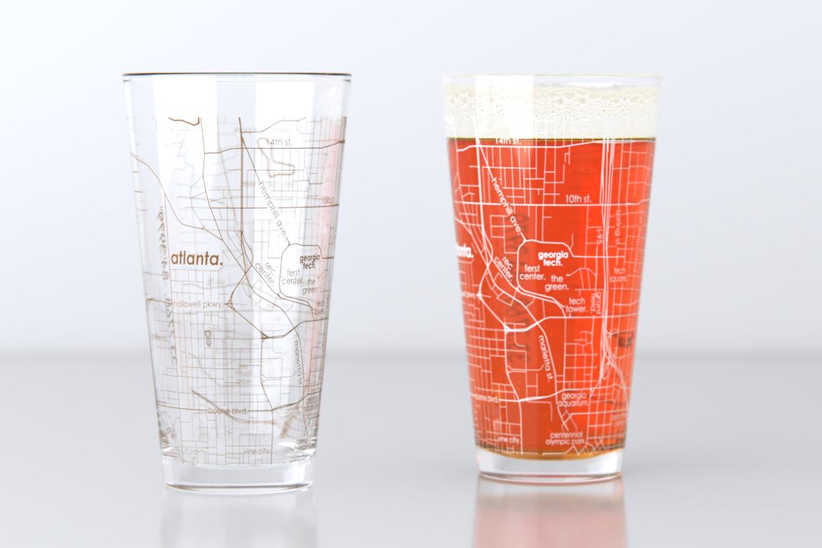 Atlanta GA Map Pint Glass Pair - Gold & White