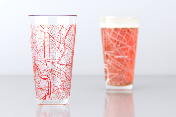 Cambridge MA Map Pint Glass Pair - Red & Gray
