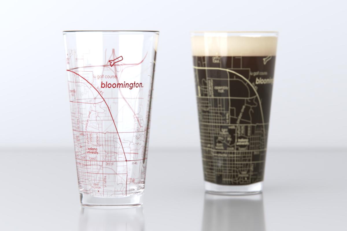 Bloomington IN Map Pint Glass Pair - Cream & Red