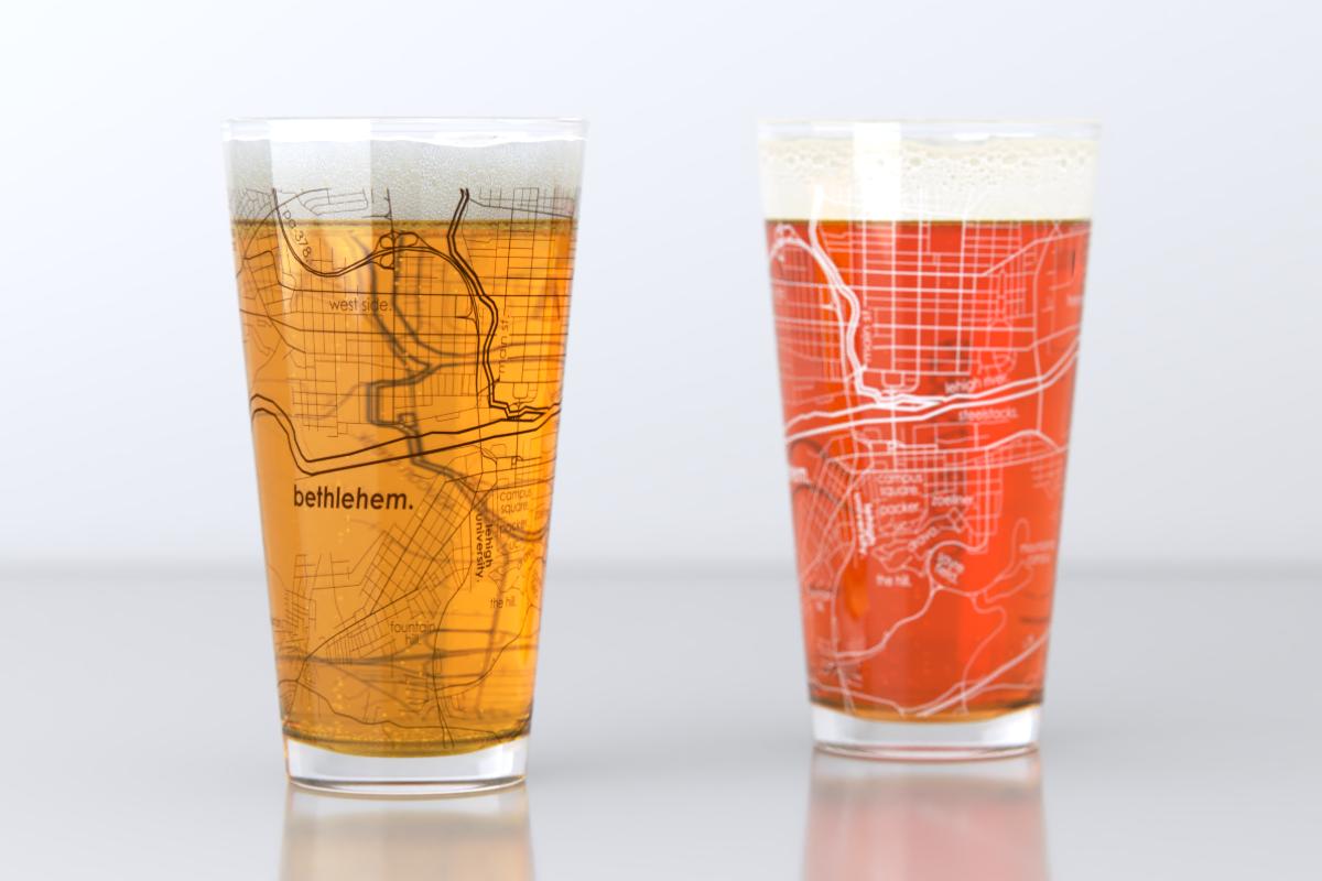 Bethlehem PA Map Pint Glass Pair - Brown & White