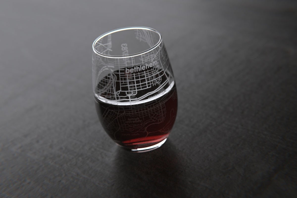 Bethlehem PA College Town Map Stemless Wine Glass