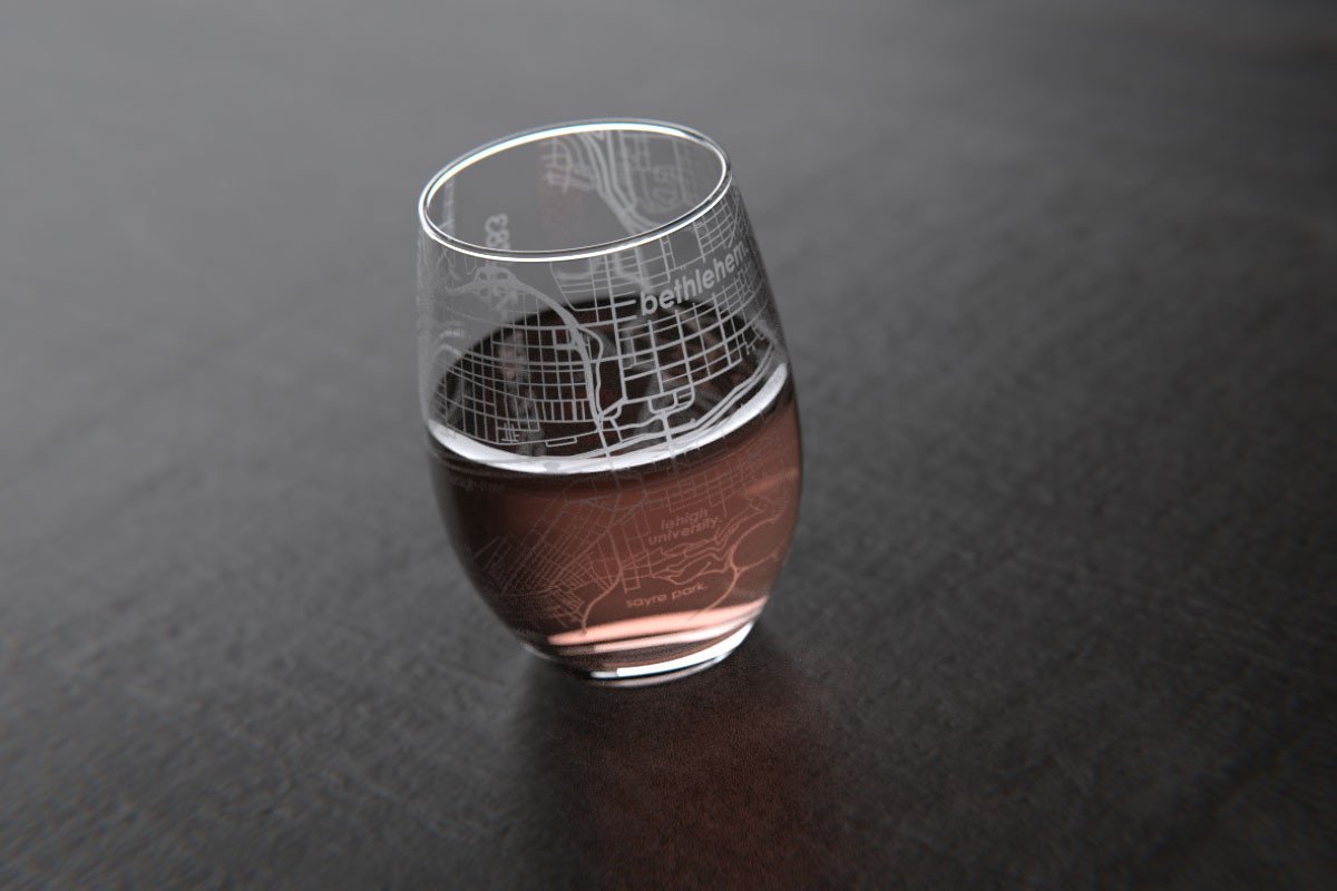Bethlehem PA College Town Map Stemless Wine Glass