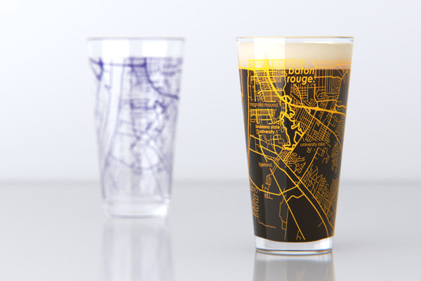 Baton Rouge LA Map Pint Glass Pair - Gold & Purple