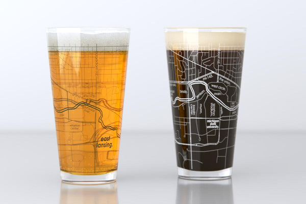 East Lansing MI Map Pint Glass Pair - Green & White