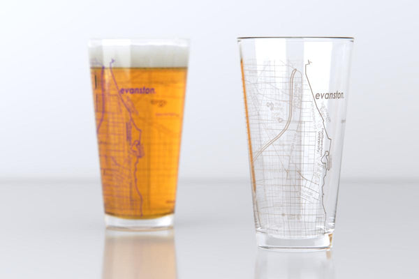 Evanston IL Map Pint Glass Pair - Purple & Gray