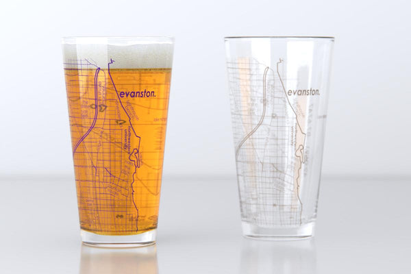Evanston IL Map Pint Glass Pair - Purple & Gray