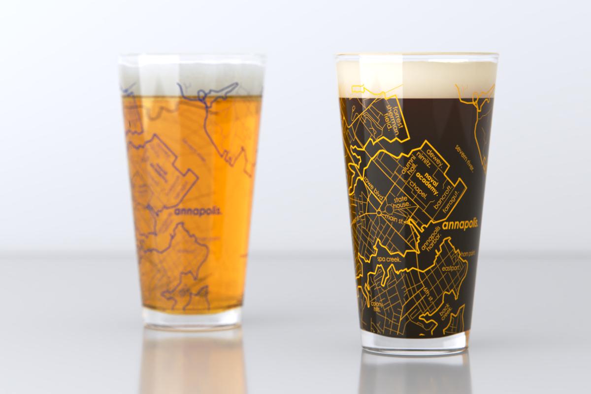 Annapolis MD Map Pint Glass Pair - Blue & Gold