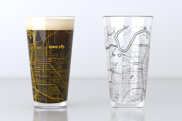 Iowa City IA Map Pint Glass Pair - Yellow & Black