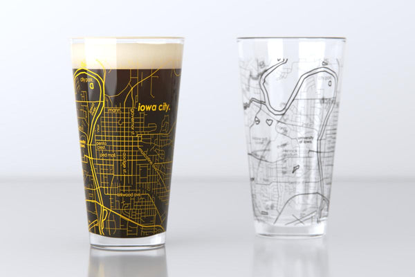 Iowa City IA Map Pint Glass Pair - Yellow & Black