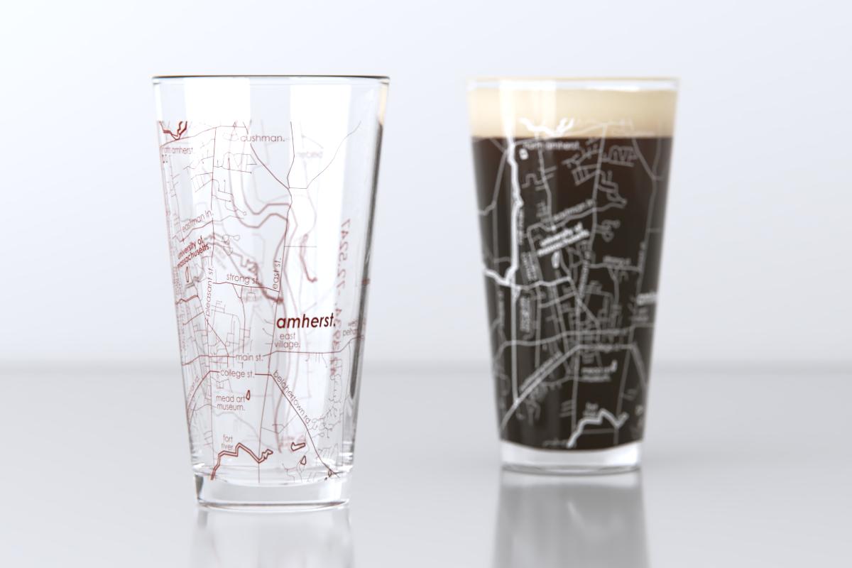 Amherst MA Map Pint Glass Pair - Maroon & White
