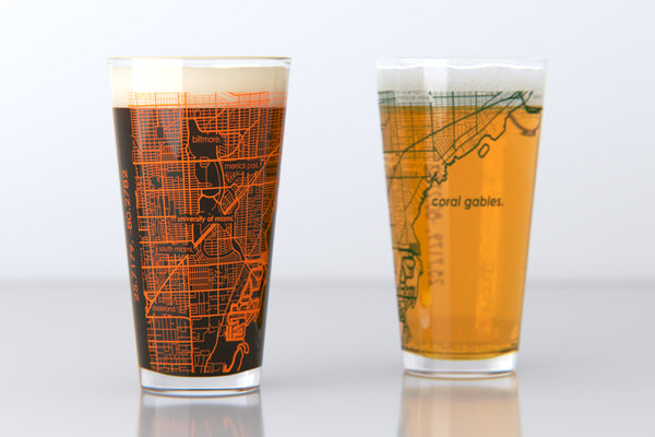 Coral Gables FL Map Pint Glass Pair - Green & Orange