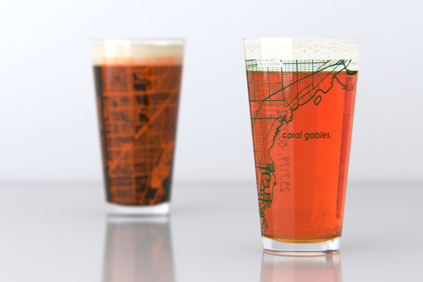 Coral Gables FL Map Pint Glass Pair - Green & Orange