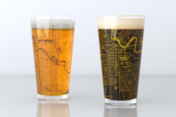 Ann Arbor MI Map Pint Glass Pair - Gold & Blue