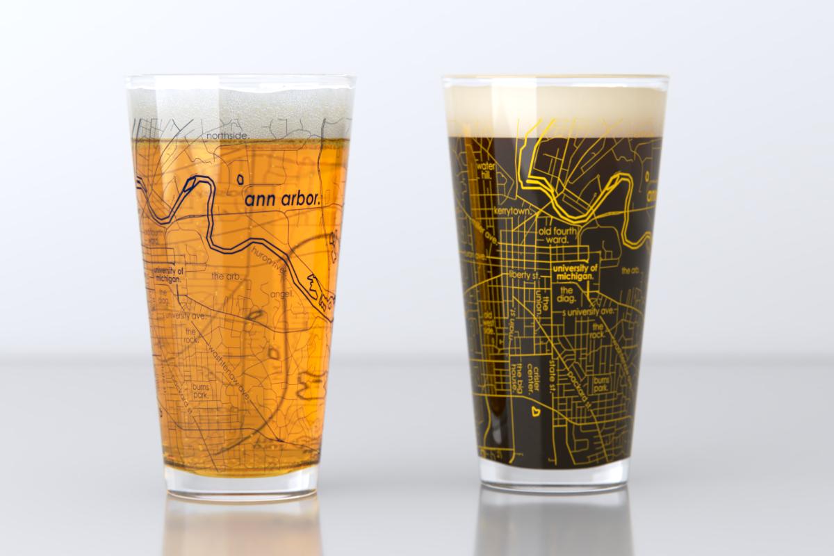 Ann Arbor MI Map Pint Glass Pair - Gold & Blue