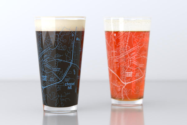 Chapel Hill NC Map Pint Glass Pair - Blue & White