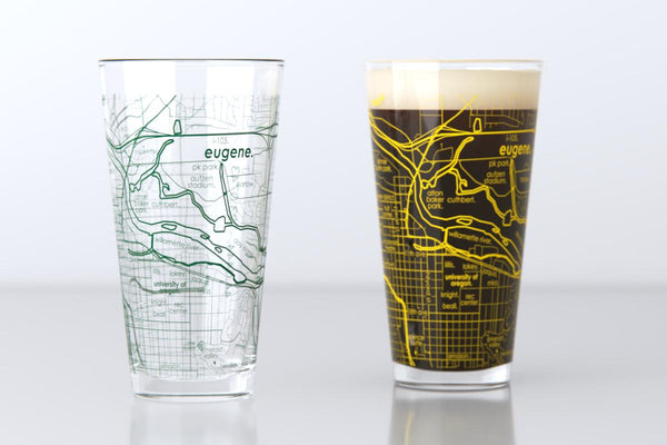 Eugene OR Map Pint Glass Pair - Green & Yellow