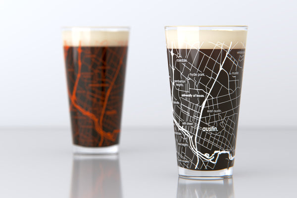Austin TX Map Pint Glass Pair - Orange & White