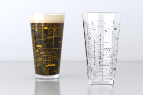 Laramie WY Map Pint Glass Pair - Gold & Brown