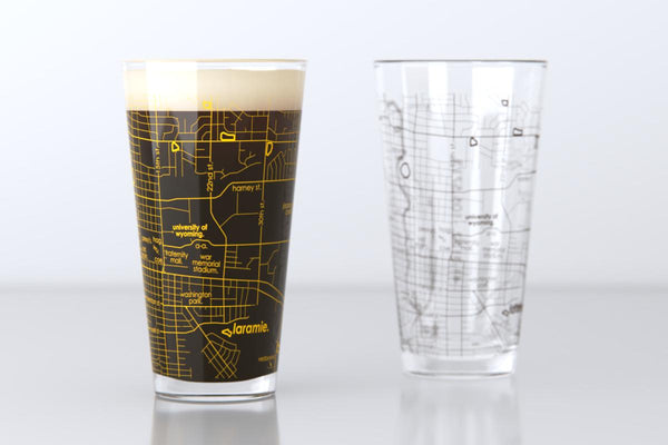 Laramie WY Map Pint Glass Pair - Gold & Brown